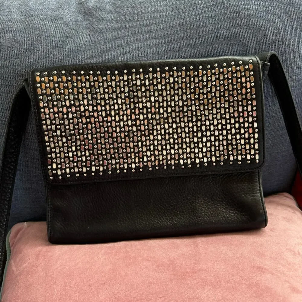 Calleen Cordero Handmade Black Leather & Silver Studded Crossbody Messenger Bag - Picture 2 of 8